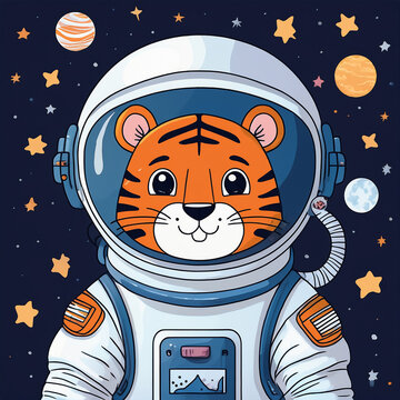 Cartoon illustration of tiger astronaut in space