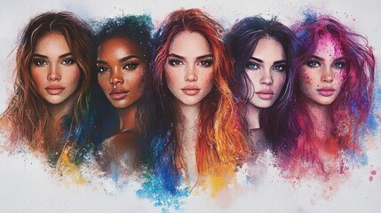 A vibrant portrayal of five women, each with unique features and hairstyles