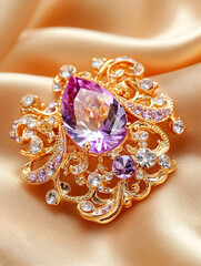 Fototapeta premium Jewel brooch with violet stone on gold silk fabric; close-up detailed view