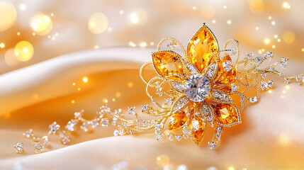 Jeweled hairpiece shines on silk fabric with blurred light bokeh background
