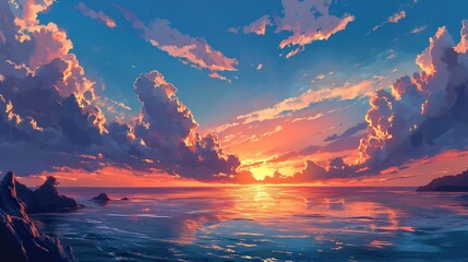 Vibrant sunset over calm ocean with dramatic clouds.