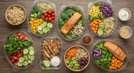 Fototapeta premium Organized Healthy Meal Prep Containers in Minimalist Style with Fresh Ingredients on Wooden Surface