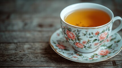 Porcelain teacup with floral patterns and matching saucer, filled with tea, placed on a rustic wooden surface, soft lighting, cozy and vintage style