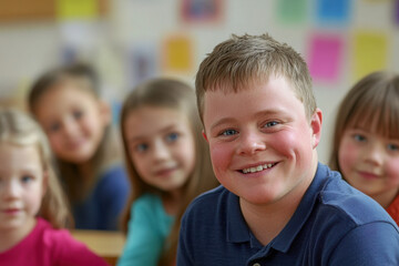 Fototapeta premium Happy child with Down syndrome in a school setting