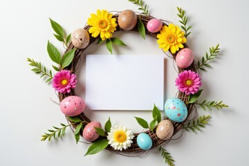 A Colorful Spring Wreath Adorned with Fresh Flowers and Pastel Eggs Perfect for Easter Celebration Decoration on a Bright Background