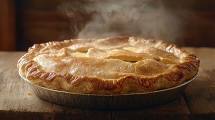 Steaming hot apple pie on wooden table.