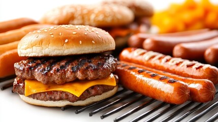 Barbecue grill with sizzling burgers and hot dogs on skewers over flames. Generative AI