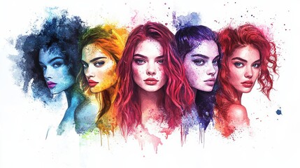 Obraz premium A vibrant portrayal of five women, each with unique features and hairstyles