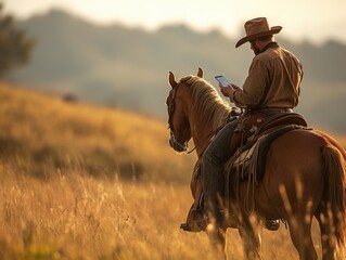 Cowboy on horse using smartphone in nature.