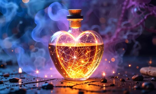 Glowing heart-shaped bottle filled with a golden liquid, emitting magical sparks against a dark background. Concept of fantasy and alchemy