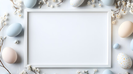 Elegant Easter-themed mockup with a white frame surrounded by pastel eggs and floral decorations. Perfect for seasonal promotions, greeting cards, or branding. Selective focus