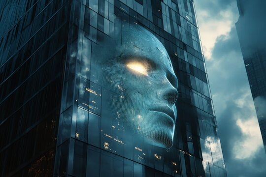 A large, glowing face is projected onto a building