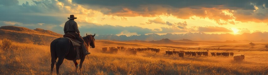 Cowboy riding horse at sunset over prairie.