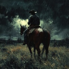 Cowboy riding horse in dramatic stormy weather
