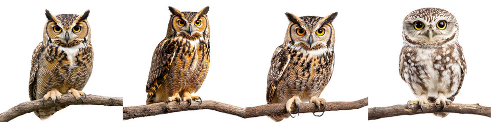 Obraz premium Collection of Majestic Owls Perched on Tree Branches in Their Natural Forest Habitat Showcasing the Elegant and Powerful Beauty of These Nocturnal Predators