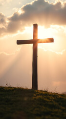 Dawn Cross on Hill. Serene yet dramatic. Wooden cross, pastel sky, sunlight rays. Symbol of Resurrection.  Easter, inspirational.

