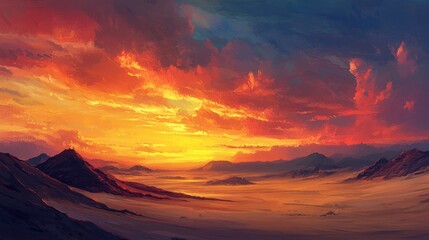 Fototapeta premium Fiery sunset over a vast desert landscape with mountains.