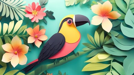 Colorful toucan bird in paper art style surrounded by tropical flowers and leaves on a teal background.