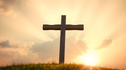 Dawn Cross on Hill. Serene yet dramatic. Wooden cross, pastel sky, sunlight rays. Symbol of Resurrection.  Easter, inspirational.

