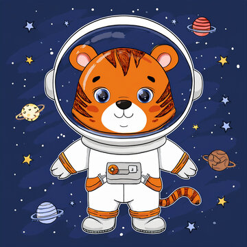Cartoon illustration of tiger astronaut in space