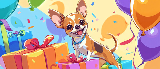 Fototapeta premium Chihuahua Joyfully Unwrapping Gifts at a Festive Celebration Showcasing the Delight and Excitement of a Small Dog Embracing the Holiday Spirit with Playful Anticipation