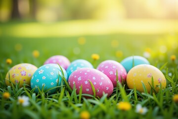 Colorful Easter Eggs Nestled in Vibrant Green Grass on a Bright Spring Day, Highlighting the Joy of Seasonal Celebrations and Outdoor Festivities