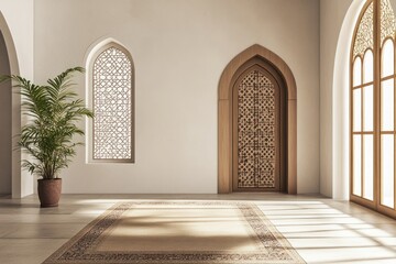 Fototapeta premium Elegant Islamic prayer room with patterned windows and doors