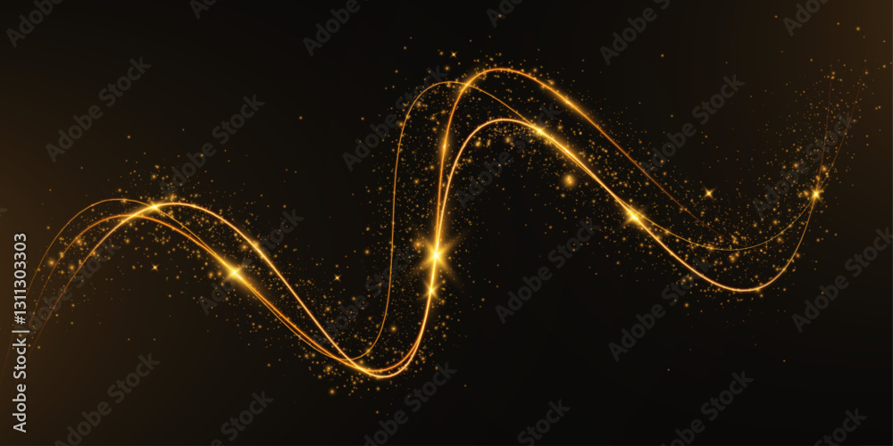 Poster light sparkle glitter shine glow with golden wavy light trails, glowing particles, and sparkling eff