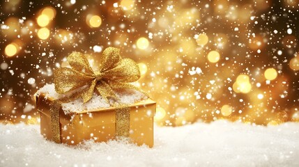 A Gold Gift Box Rests In Snowy Winter Wonderland