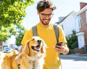 Man using phone while walking dog along residential street with trees in the background