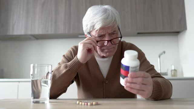 Nearsighted elderly man studying label on pill jar measuring daily dose. Dementia Alzheimer health issues, loneliness, aging struggle, memory loss, mental decline, daily routine, senior care