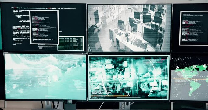 CCTV, screen and surveillance with tracking equipment in control room for investigation or security. Display, monitor and video footage with technology in military headquarters for global search