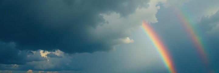 Bright rainbow emerging from heavy rain clouds, storm, background, dark