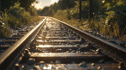 Sunlit railroad tracks vanishing into a lush green landscape.