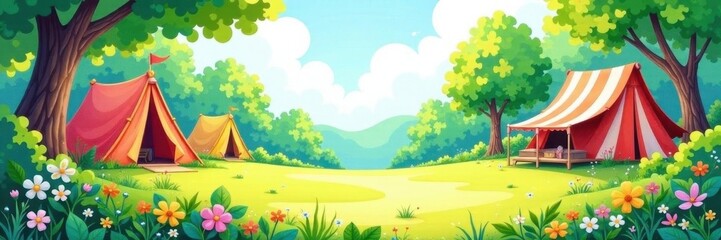 Obraz premium Bright watercolor strokes, summer camp scene, whimsical style , energy, vibrant