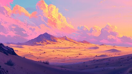 Naklejka premium Vibrant sunset over a desert landscape with majestic mountains.