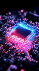 Obraz premium Microchip glowing red and blue on circuit board in a dark blurry background