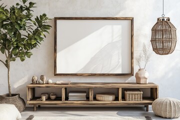 Empty framed poster on wooden media console in boho living room