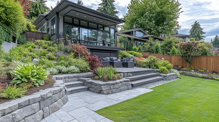 Obraz premium Modern home with landscaped backyard, stone walls, and patio. Perfect for real estate, home design, or landscaping websites.