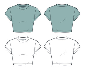 Cropped T-Shirt with Cap Sleeves technical fashion illustration. Crop Top fashion flat technical drawing template, round neck, slim fit, front, back view, white, green, women, men, unisex CAD mockup.