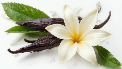 Vanilla flower with pods and leaves isolated on a transparent background, showcasing its natural beauty.
