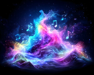 Music notes float from ethereal rainbow cloudscape against a starry nebula backdrop