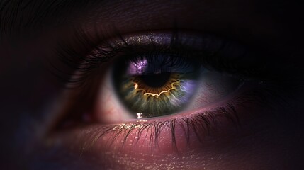 Naklejka premium Close-up of a human eye showcasing detailed iris patterns and vibrant colors during a creative lighting setup