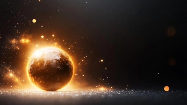 A glowing Earth-like planet surrounded by cosmic elements in deep space. Generative AI