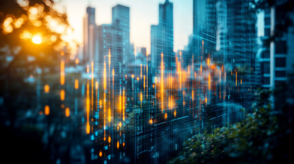 Obraz premium Urban Skyline With Digital Data Visualization at Sunset