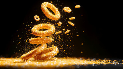 Onion rings falling; seasoned coating floats against dark background