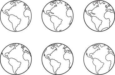 set of globe with earth line art, black outline, vector and illustration, coloring book page line art drawing