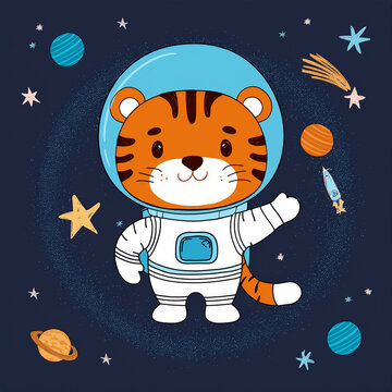 Cartoon illustration of tiger astronaut in space