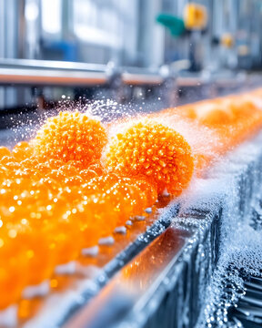 Orange spheres spray washed on conveyor belt in industrial factory setting
