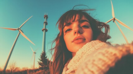 modern wind farm with multiple turbines and a young woman in a white scarf taking a selfie with the turbines,